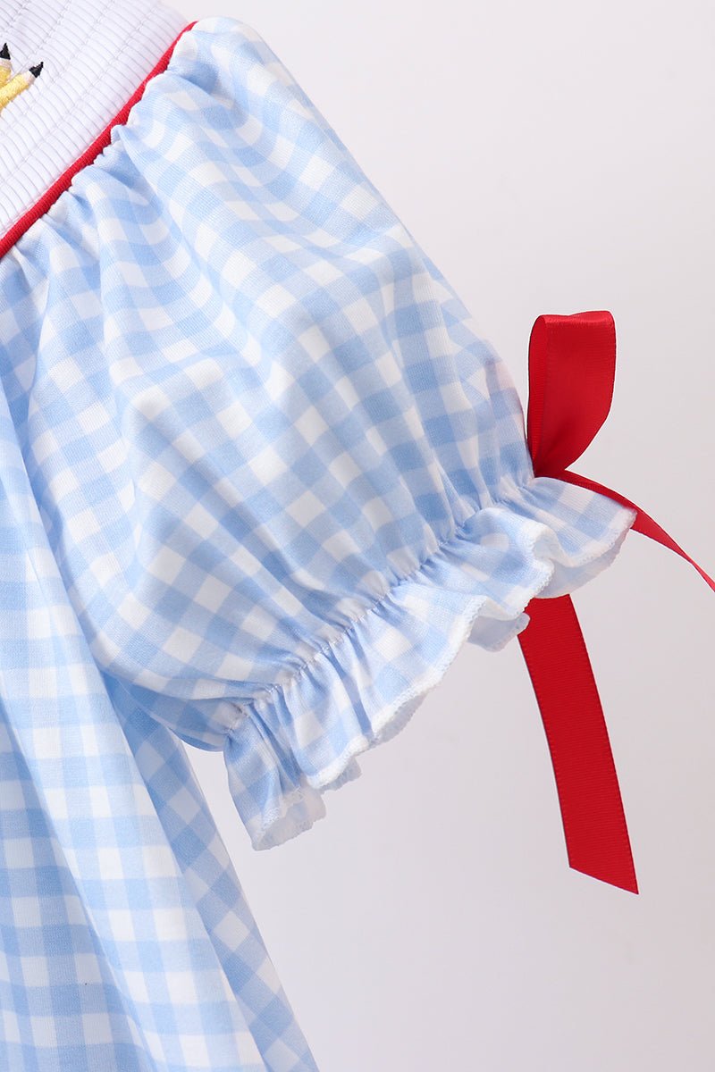 Blue School Bus Smocked Gingham Dress - Abbies Place