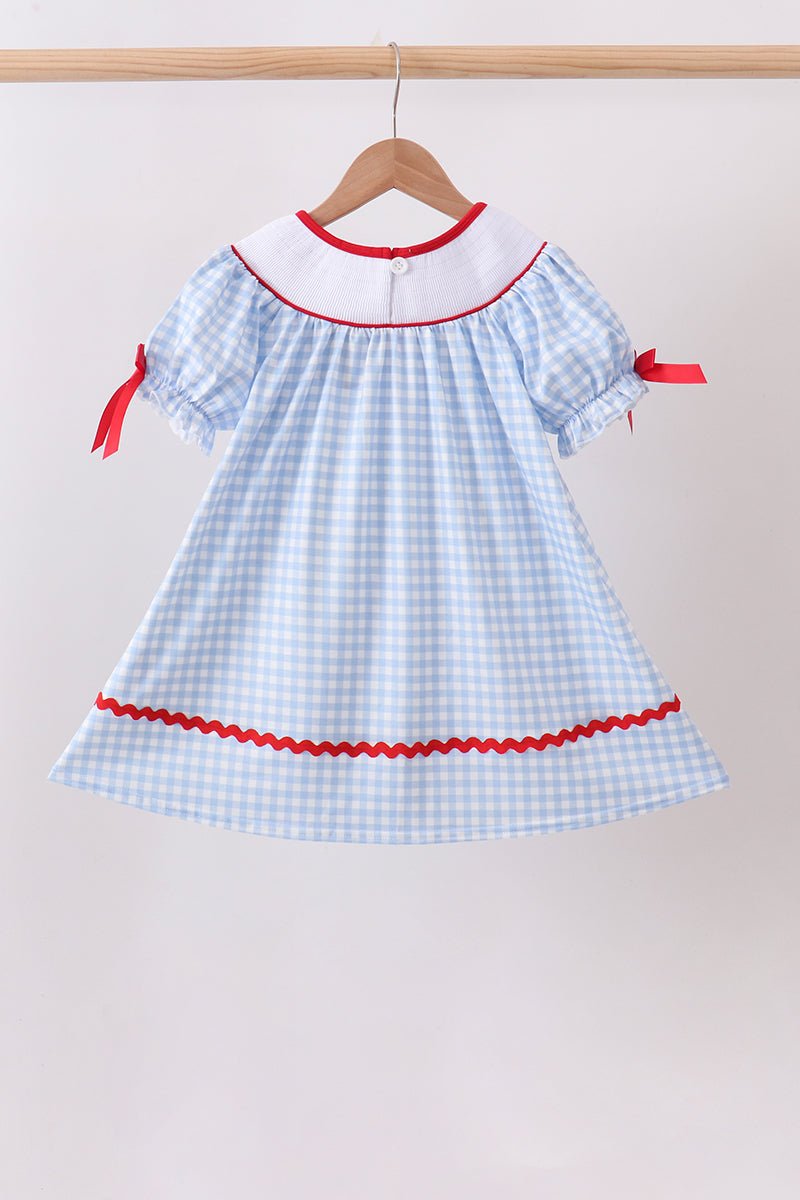 Blue School Bus Smocked Gingham Dress - Abbies Place