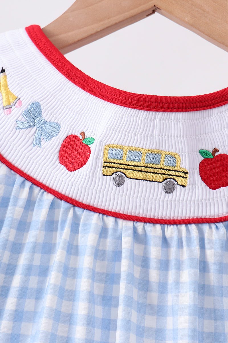 Blue School Bus Smocked Gingham Dress - Abbies Place