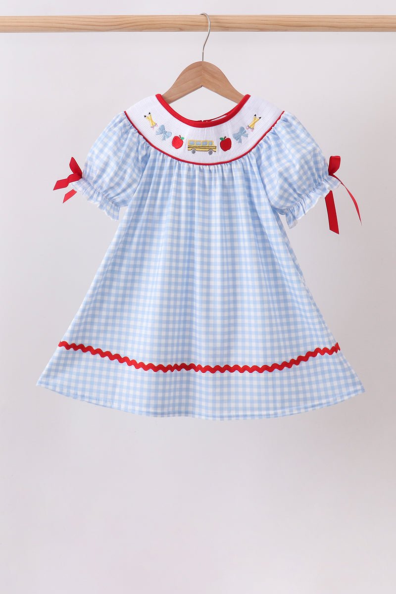 Blue School Bus Smocked Gingham Dress - Abbies Place