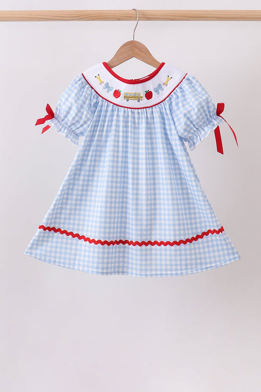 Blue School Bus Smocked Gingham Dress - Abbies Place