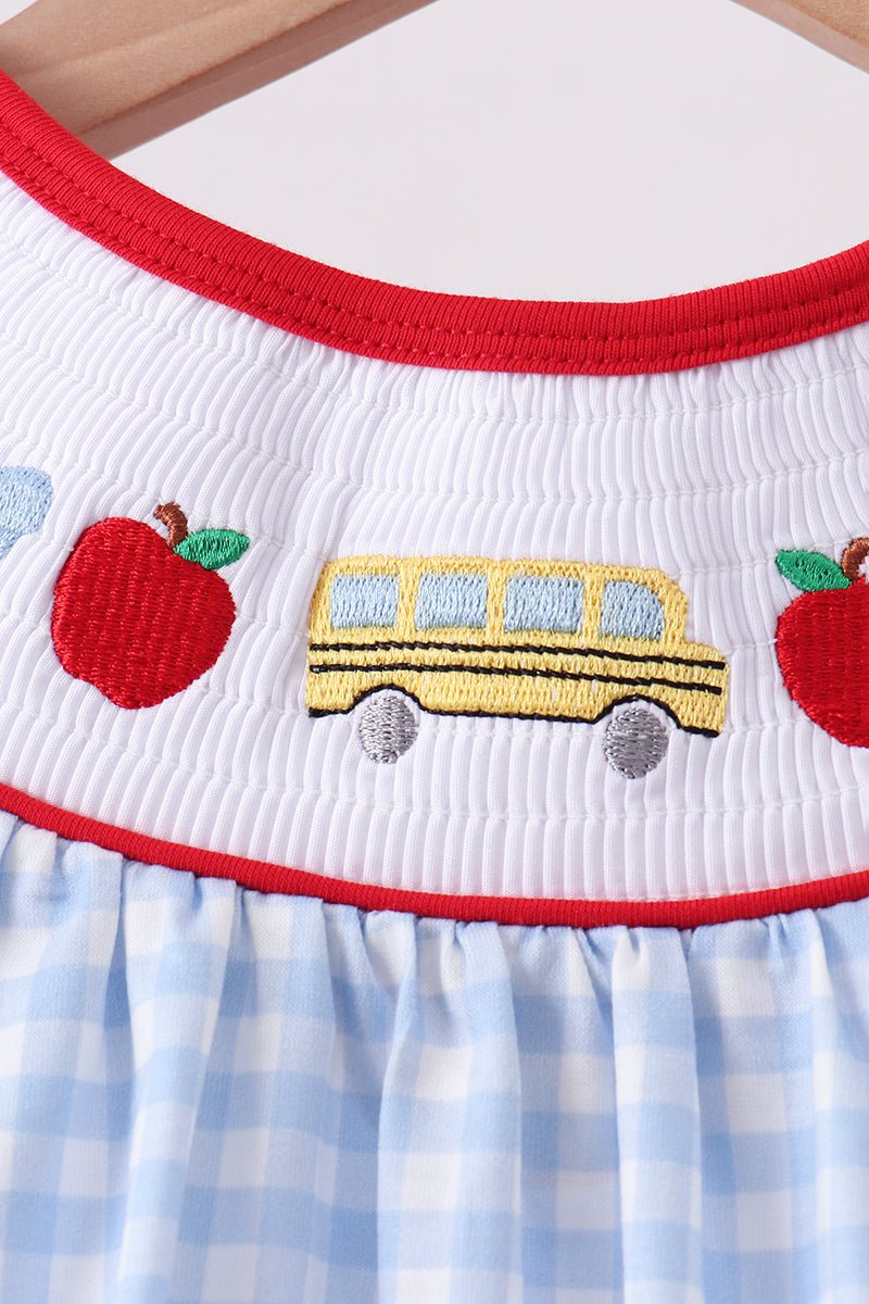 Blue School Bus Smocked Gingham Ruffle Shorts Set - Abbies Place