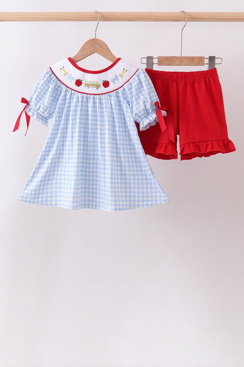 Blue School Bus Smocked Gingham Ruffle Shorts Set - Abbies Place