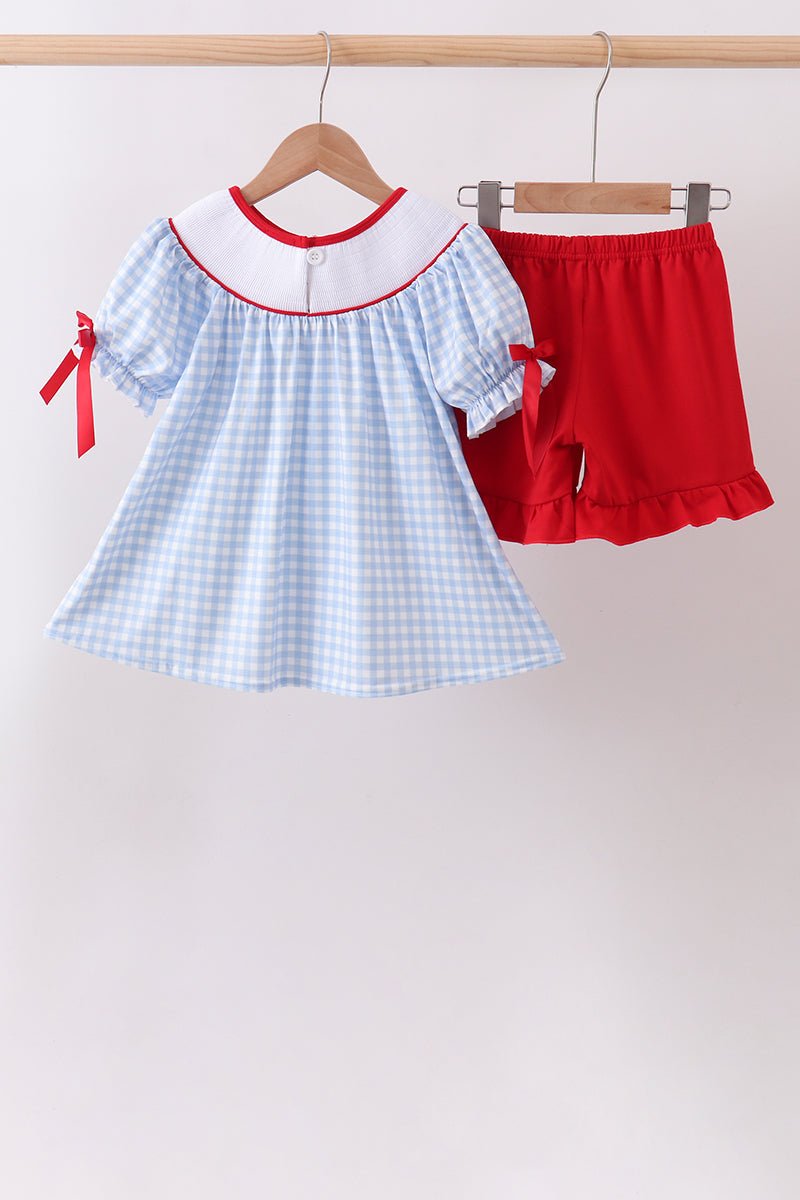 Blue School Bus Smocked Gingham Ruffle Shorts Set - Abbies Place