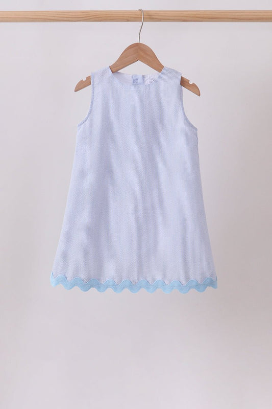 Blue Seersucker Stripe Scalloped Dress - Abbies Place