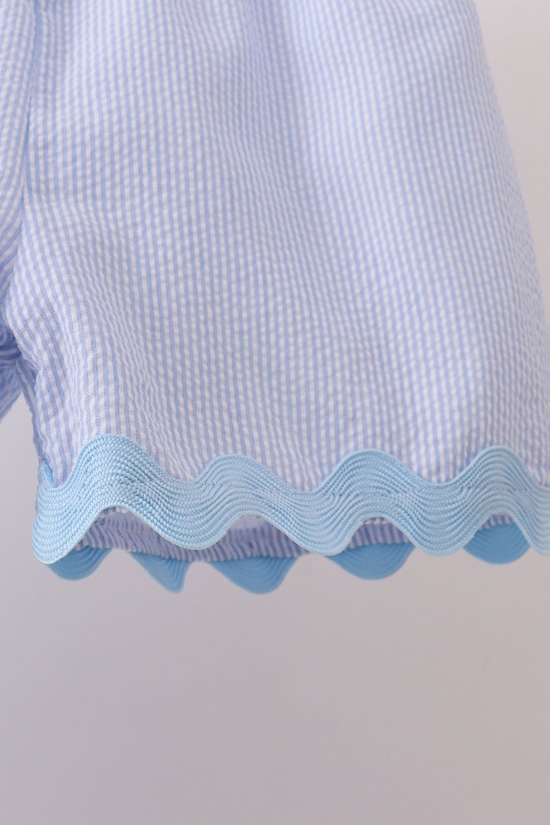 Blue Seersucker Stripe Scalloped Shorts Set - Abbies Place