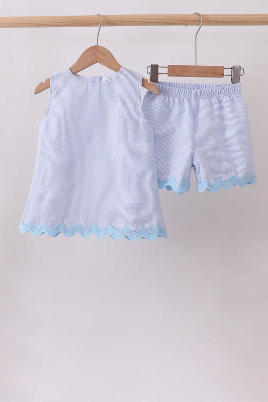 Blue Seersucker Stripe Scalloped Shorts Set - Abbies Place