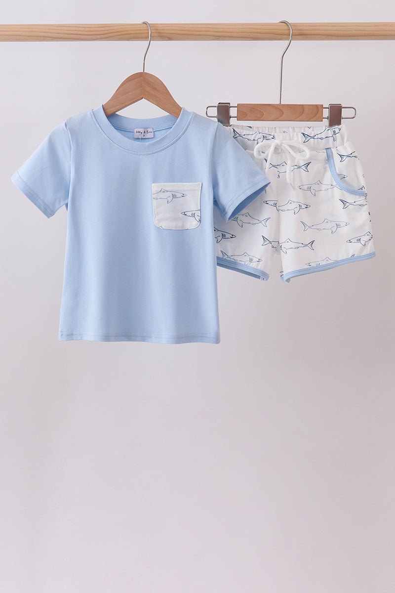 Blue Shark Print Shorts Set - Abbies Place