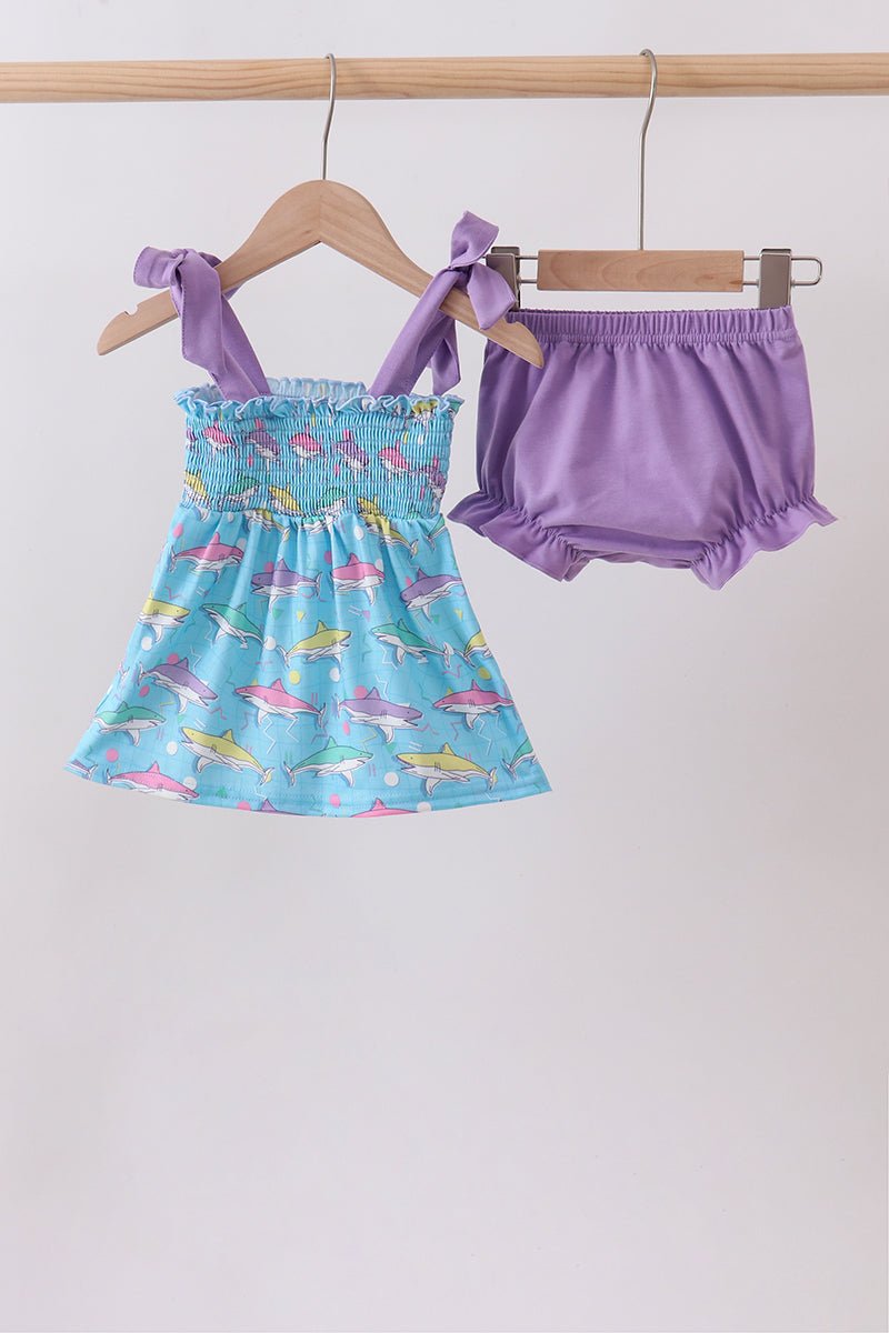 Blue Shark Smocked Bloomer Set - Abbies Place