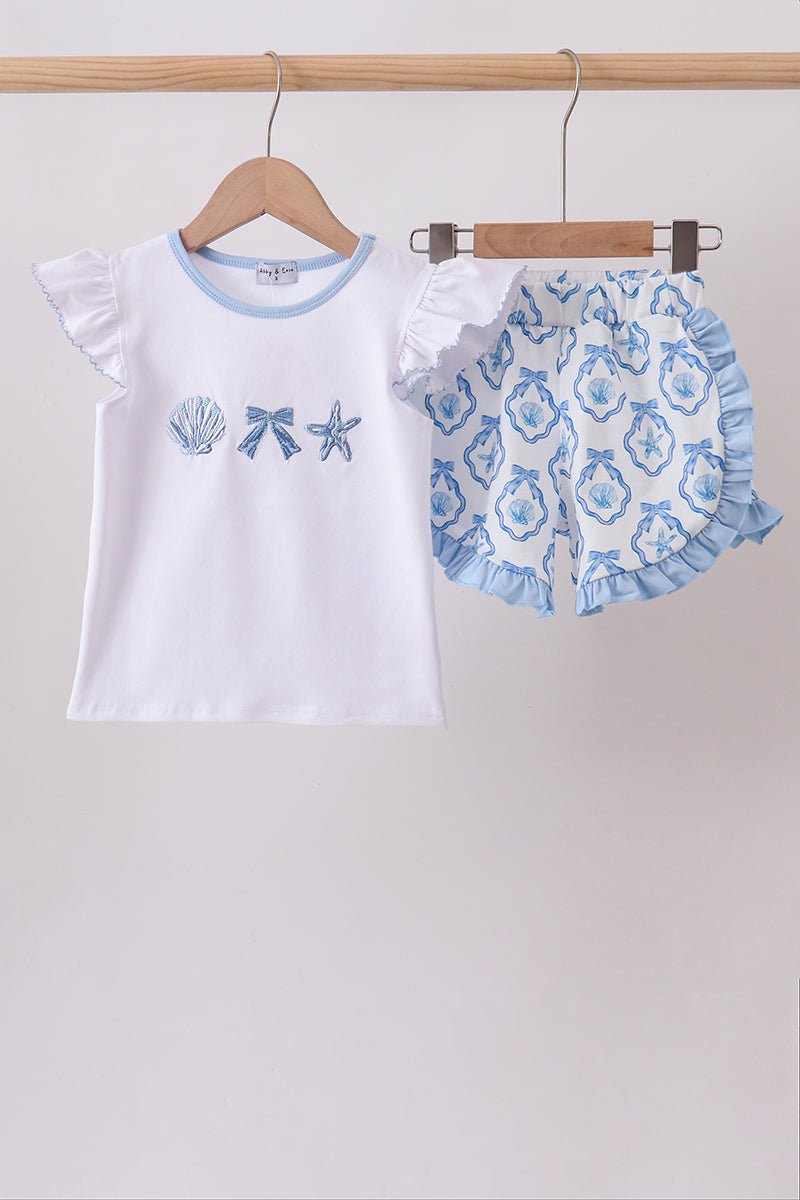 Blue Shells Embroidered Ruffle Shorts Set - Abbies Place