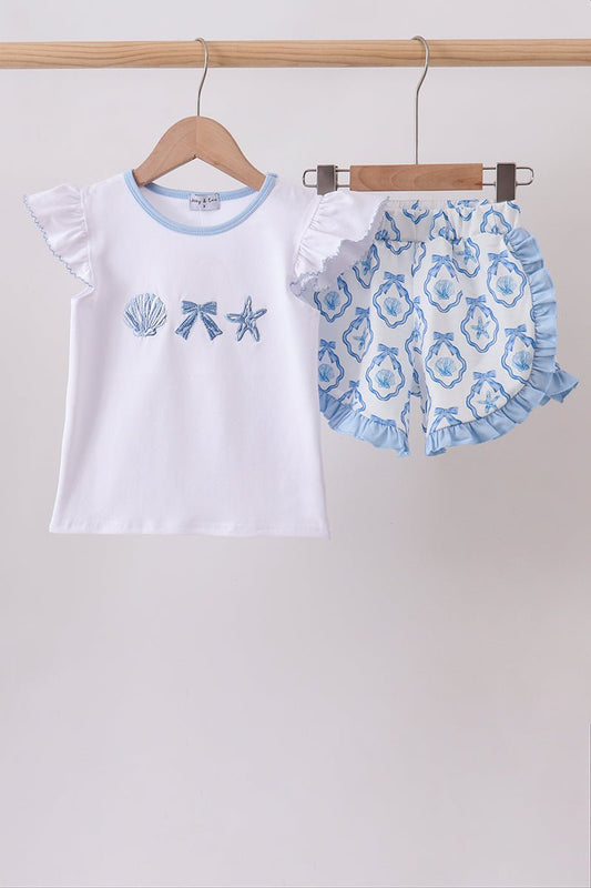 Blue Shells Embroidered Ruffle Shorts Set - Abbies Place