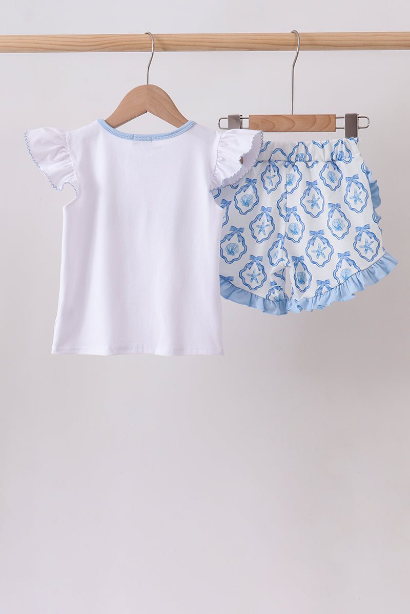 Blue Shells Embroidered Ruffle Shorts Set - Abbies Place