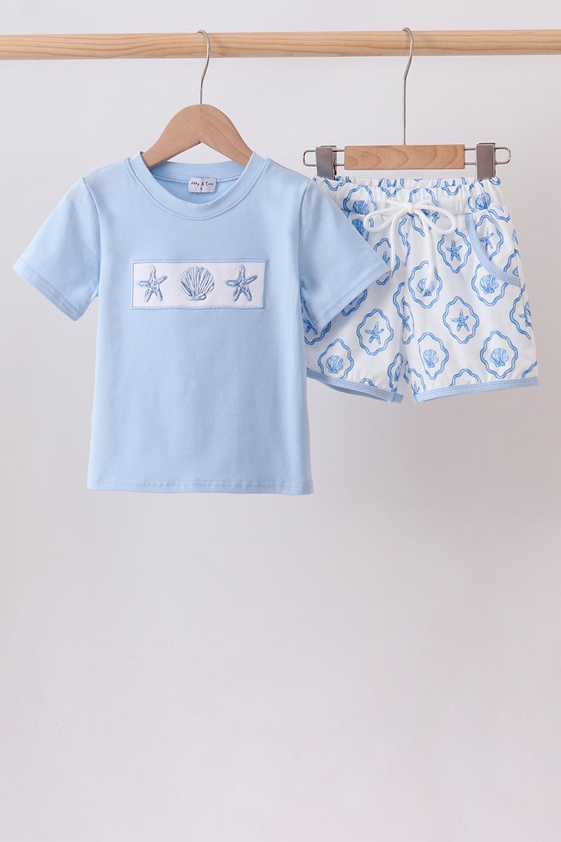 Blue Shells Embroidered Shorts Set - Abbies Place