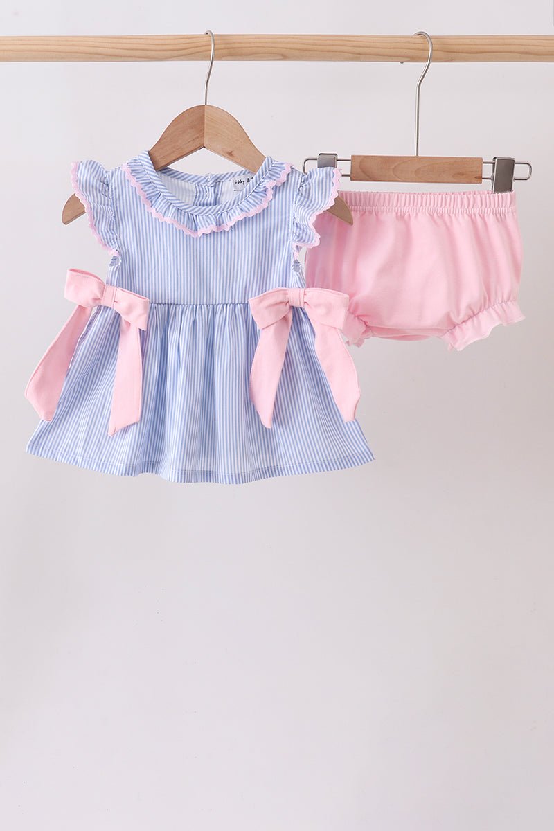 Blue Stripe Bow Seersucker Bloomer Set - Abbies Place