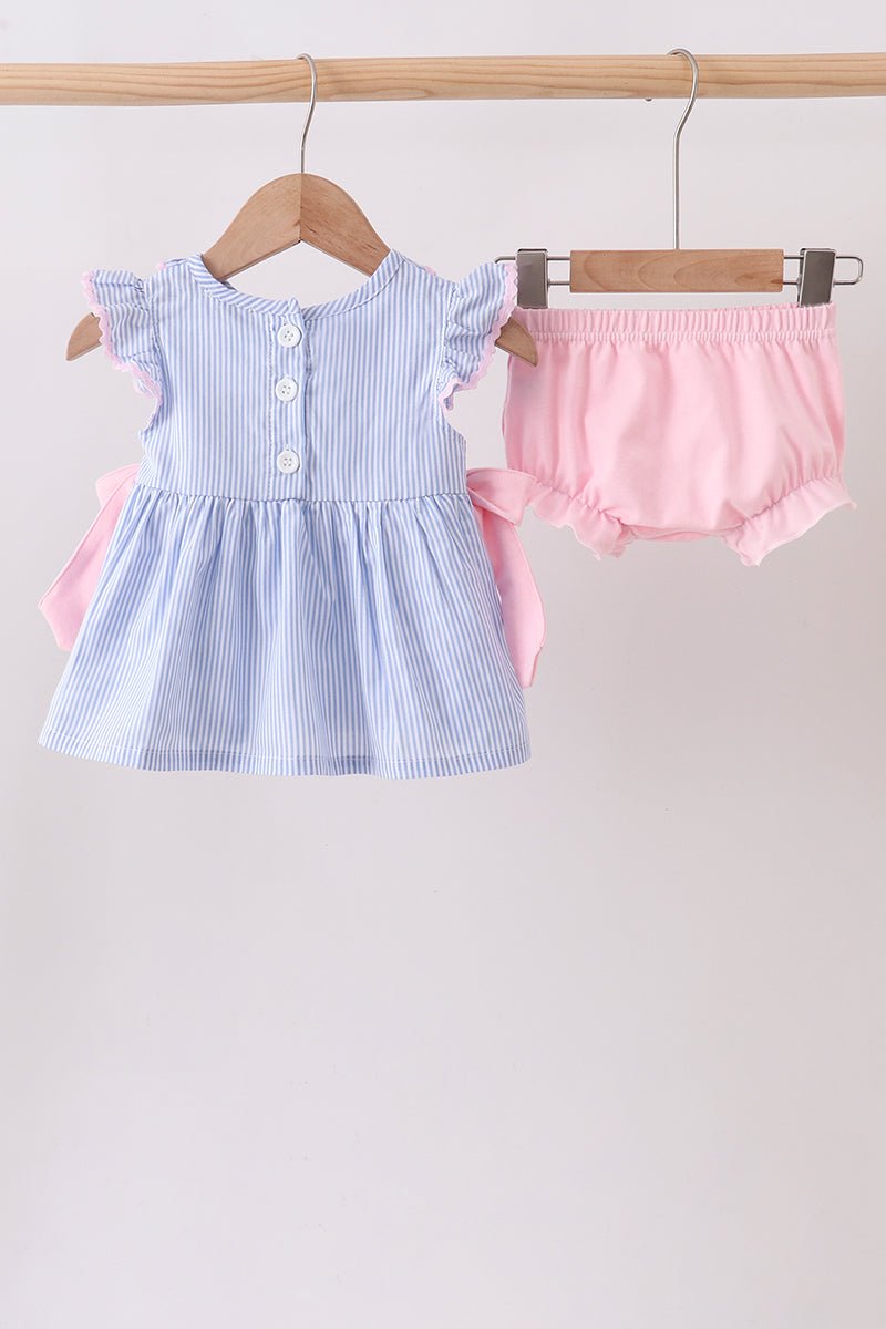 Blue Stripe Bow Seersucker Bloomer Set - Abbies Place