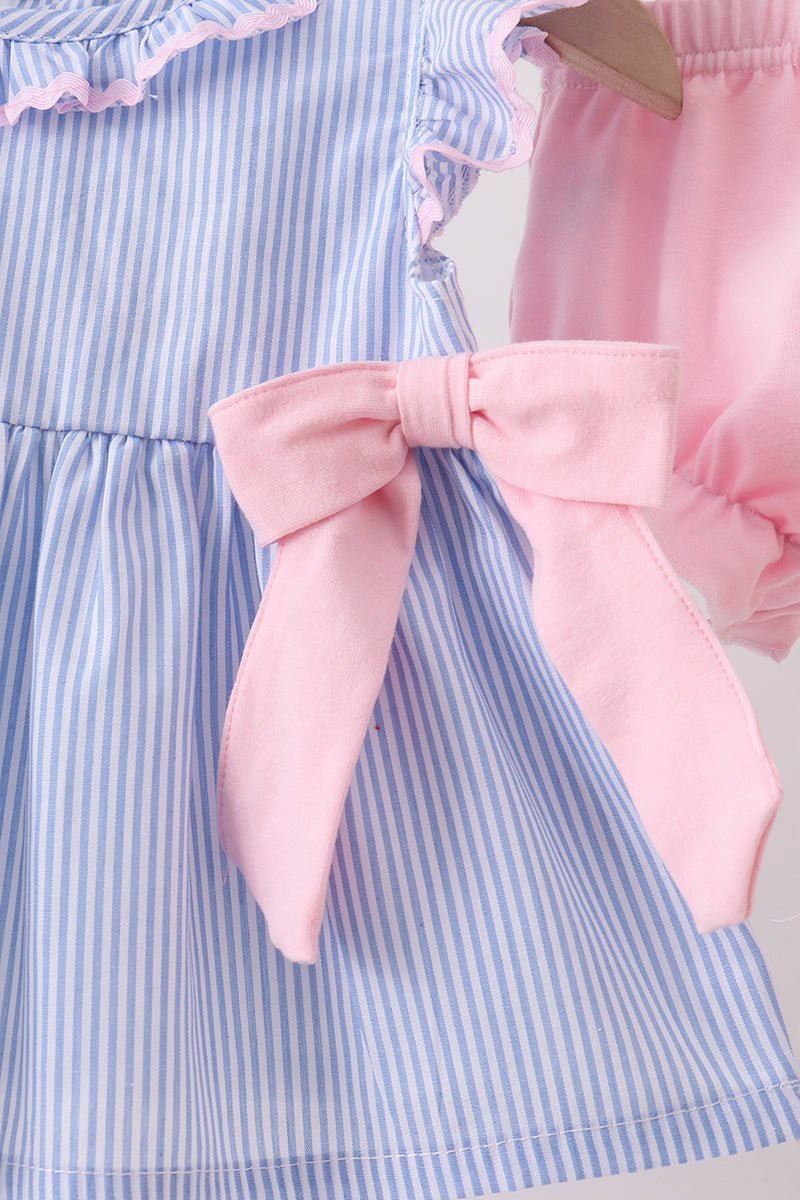 Blue Stripe Bow Seersucker Bloomer Set - Abbies Place