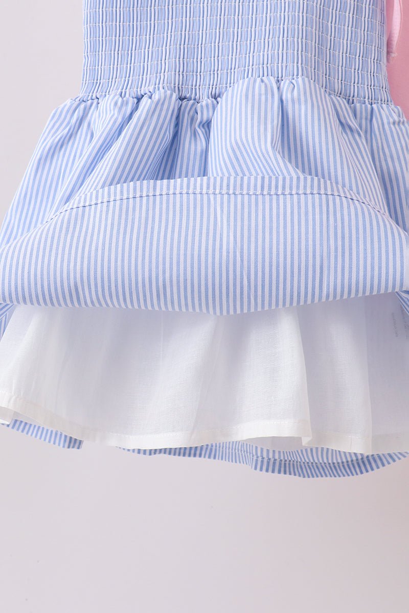 Blue Stripe Bow Smocked Seersucker Ruffle Shorts Set - Abbies Place