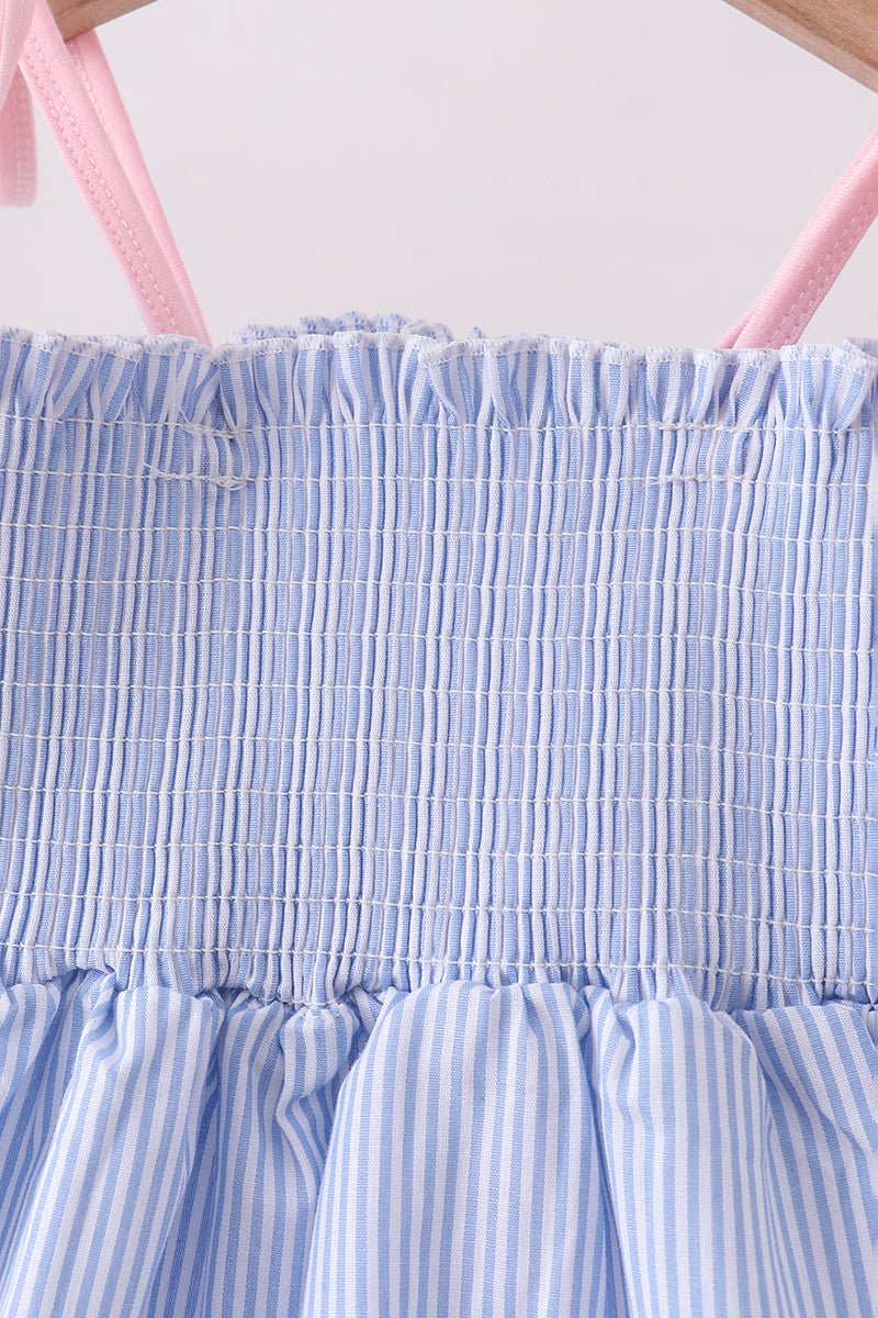 Blue Stripe Bow Smocked Seersucker Ruffle Shorts Set - Abbies Place