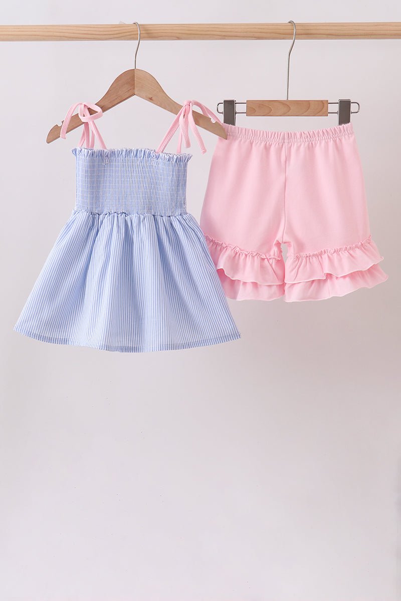 Blue Stripe Bow Smocked Seersucker Ruffle Shorts Set - Abbies Place