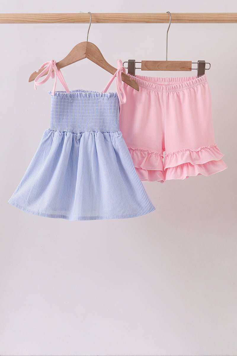 Blue Stripe Bow Smocked Seersucker Ruffle Shorts Set - Abbies Place