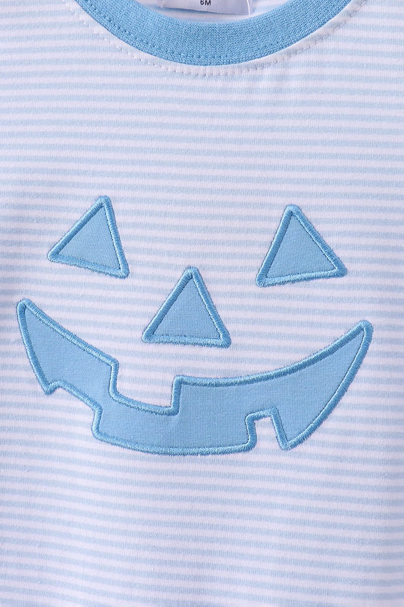 Blue stripe Smirk face applique romper - Abbies Place