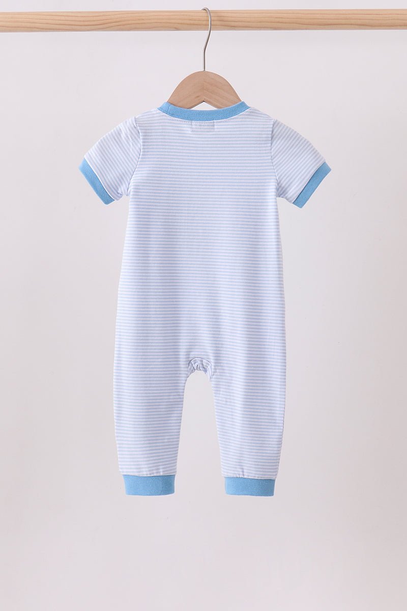 Blue stripe Smirk face applique romper - Abbies Place
