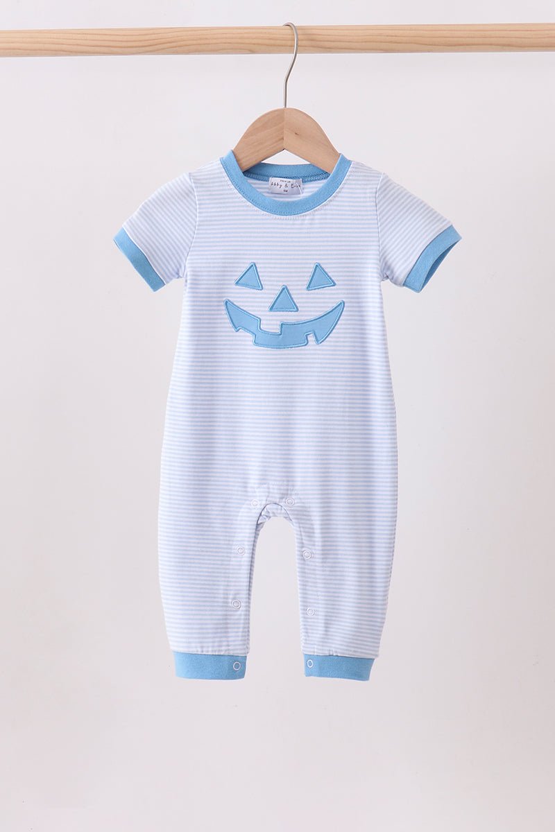 Blue stripe Smirk face applique romper - Abbies Place