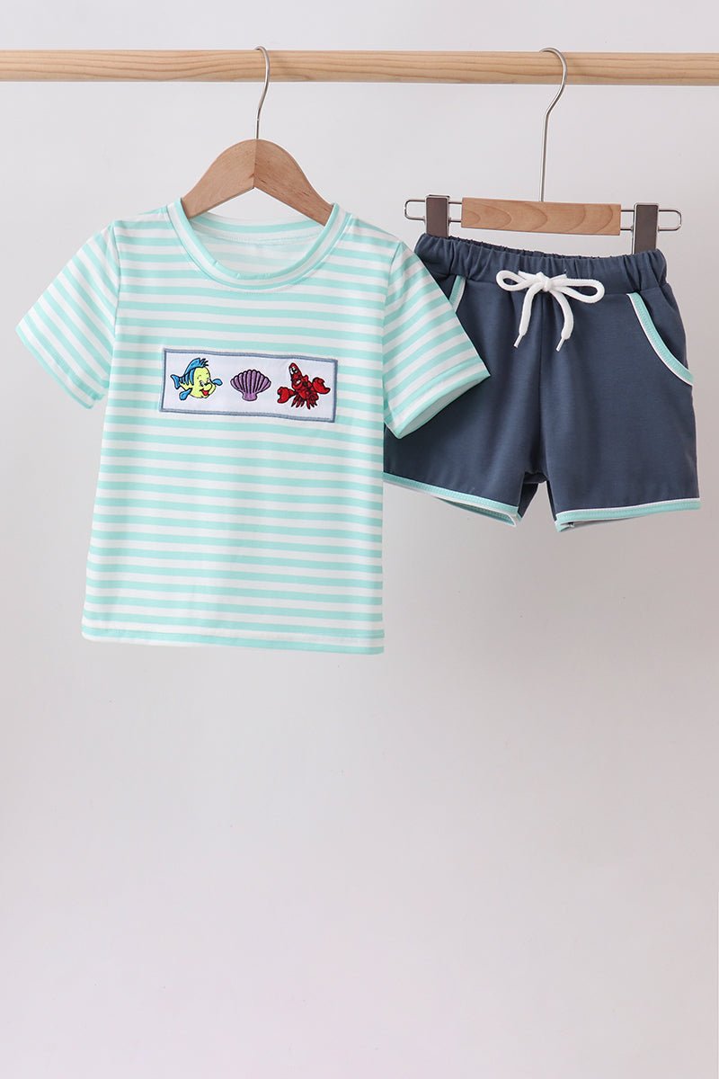 Blue Stripe under the sea Embroidered Set - Abbies Place