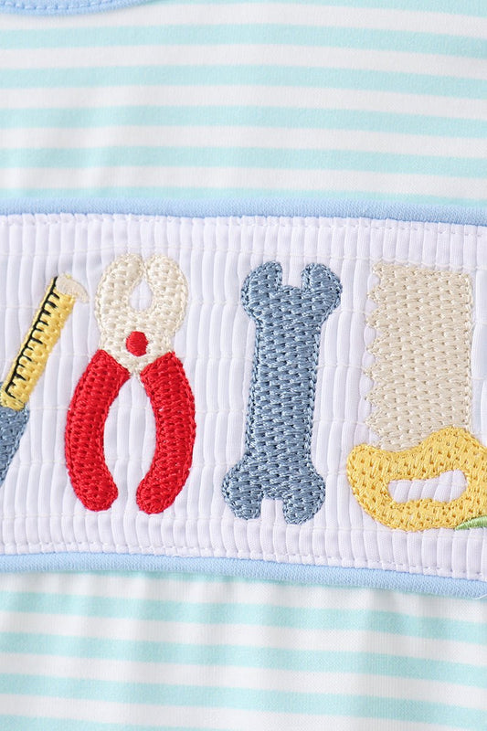 Blue Tool Smocked Stripe Bubble - Abbies Place