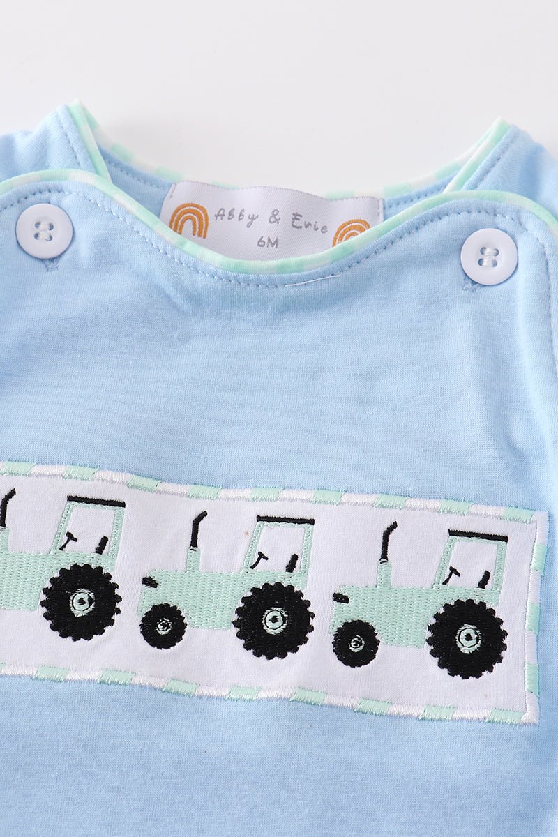 Blue tractor embroidery boy bubble - Abbies Place