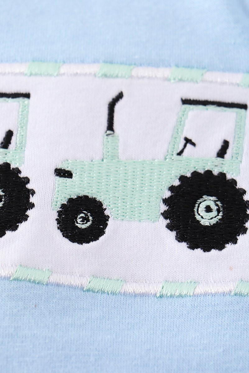 Blue tractor embroidery boy bubble - Abbies Place