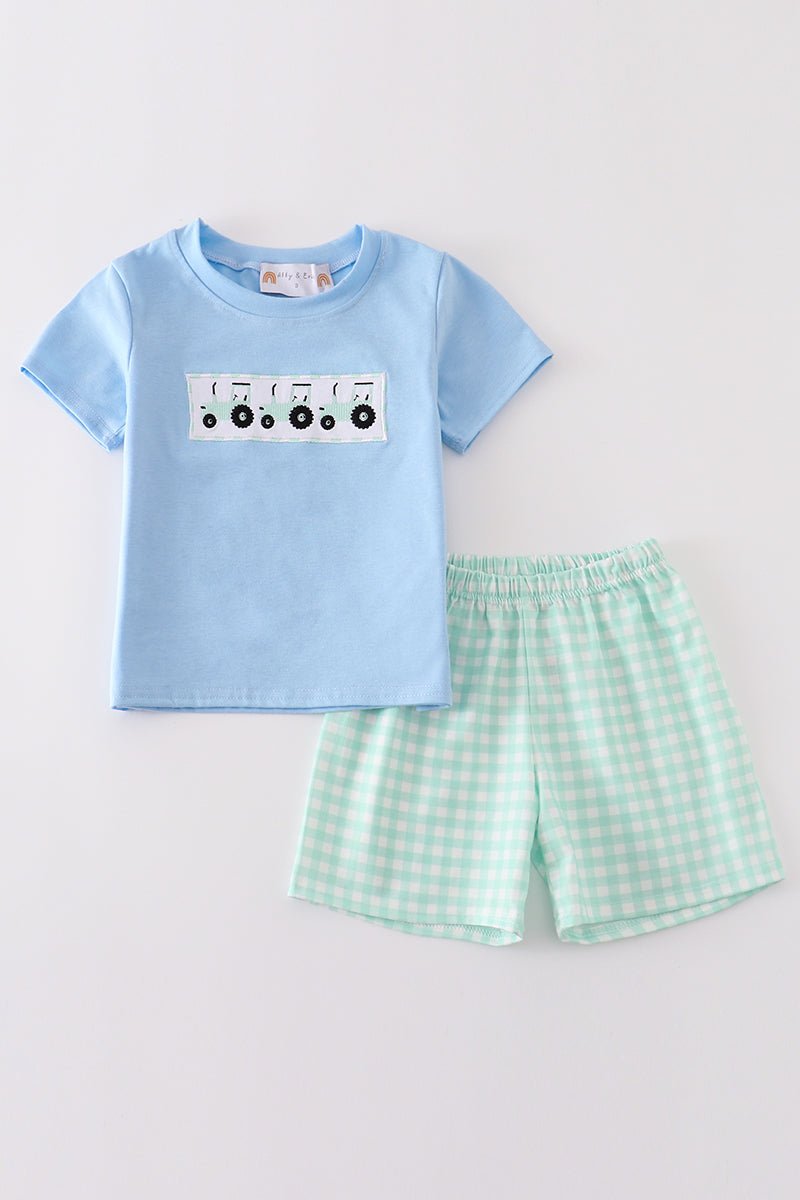 Blue tractor embroidery boy set - Abbies Place