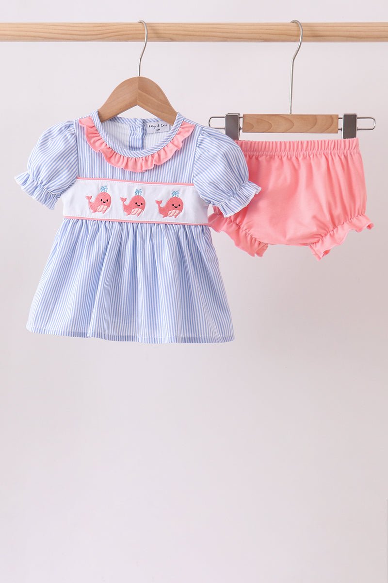 Blue Whale Embroidered Seersucker Bloomer Set - Abbies Place