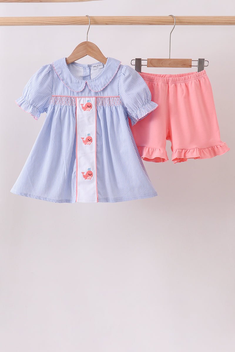 Blue Whale Smocked Seersucker Shorts Set - Abbies Place