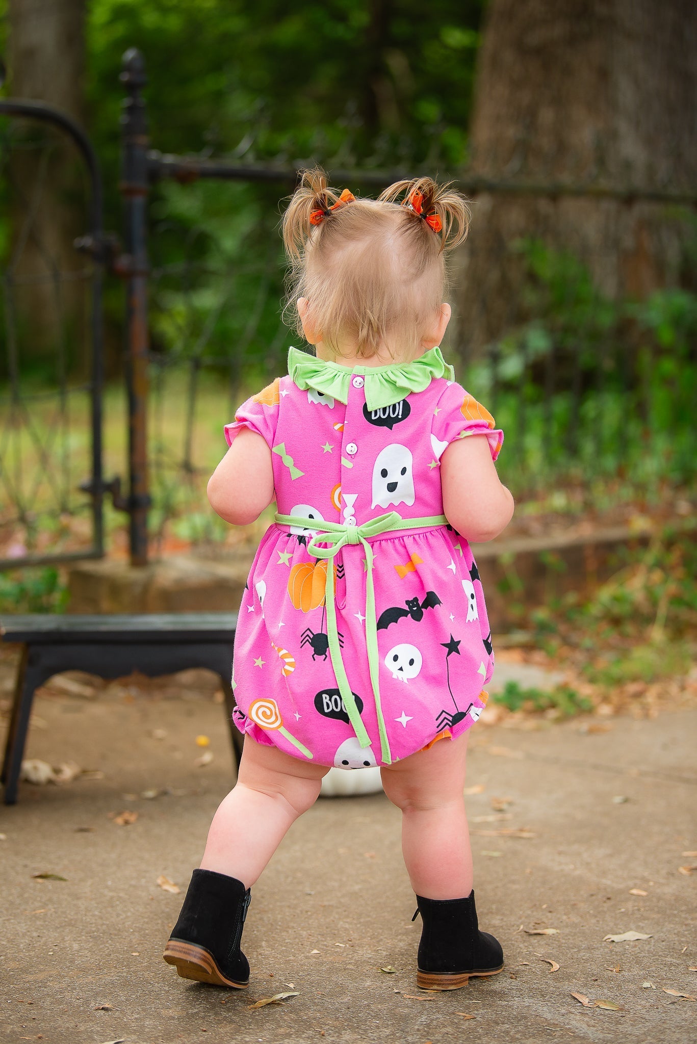 Boo! Pink Knit Halloween Print Bubble with Lime Green Ruffle Collar - Abbies Place