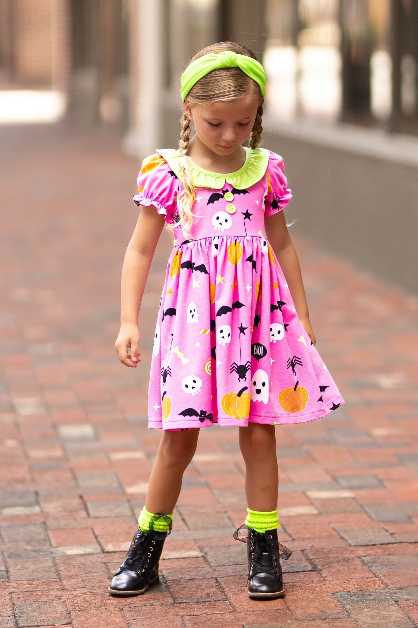 Boo! Pink Knit Halloween Print Swing Dress with Lime Green Ruffle Collar - Abbies Place