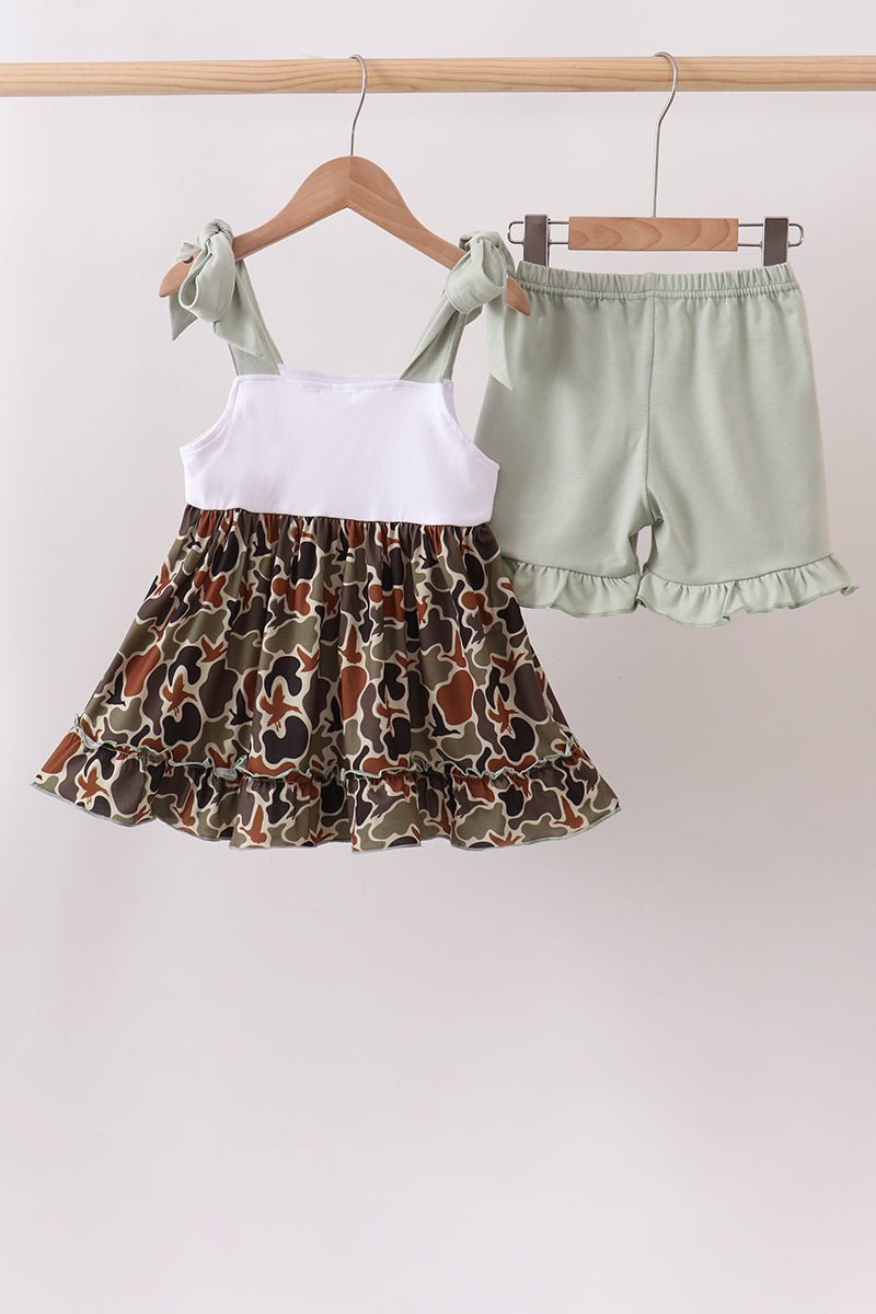 Camo Hunting Embroidered Ruffle Shorts Set - Abbies Place