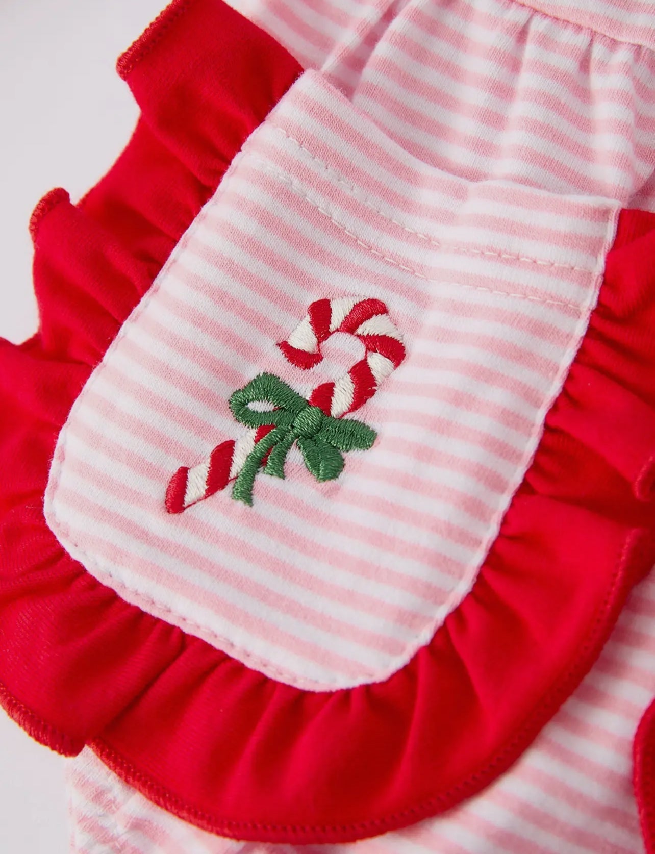 Christmas Candy Cane Embroidery Striped Baby Girl Romper with Pocket Ruffles - Abbies Place