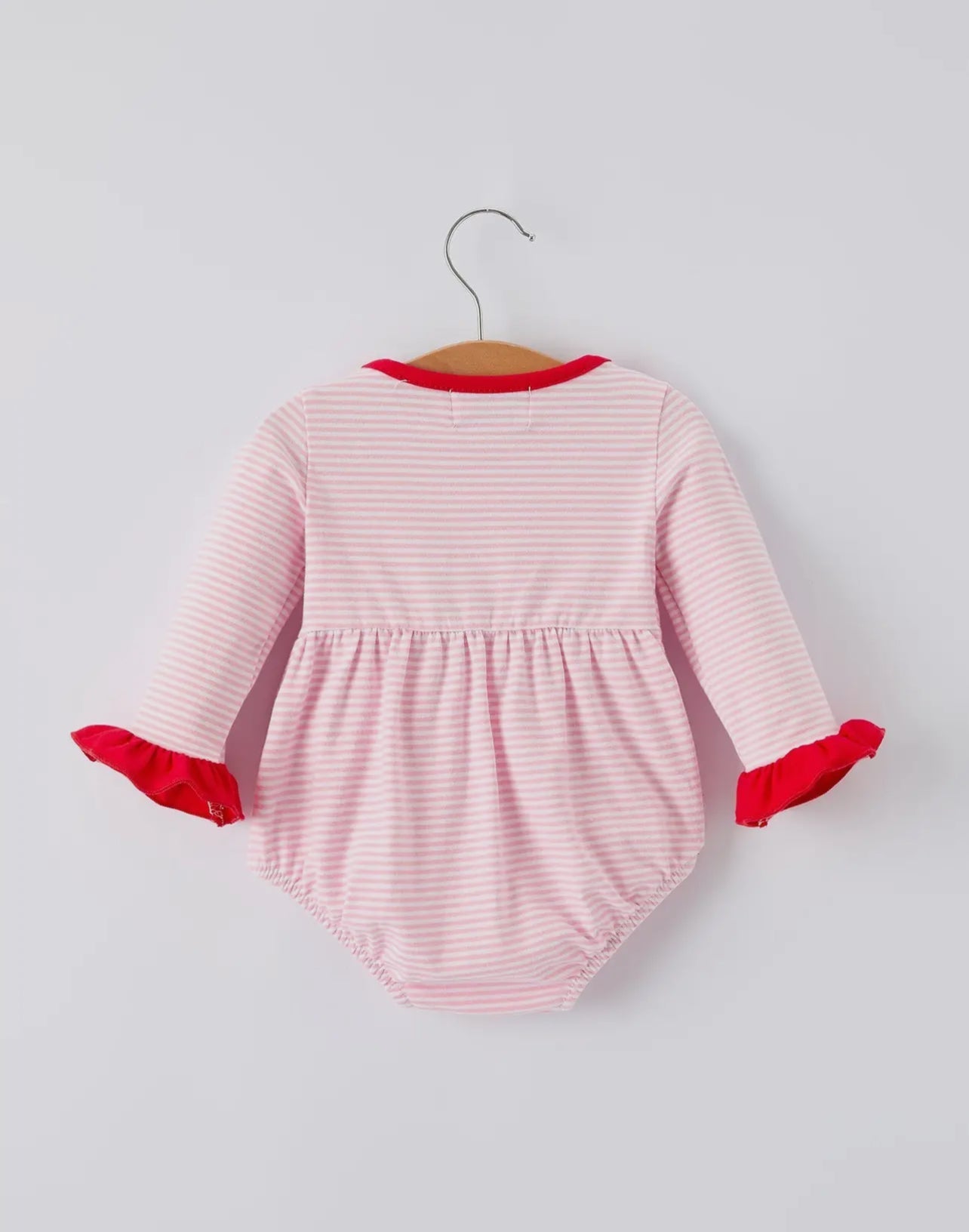 Christmas Candy Cane Embroidery Striped Baby Girl Romper with Pocket Ruffles - Abbies Place