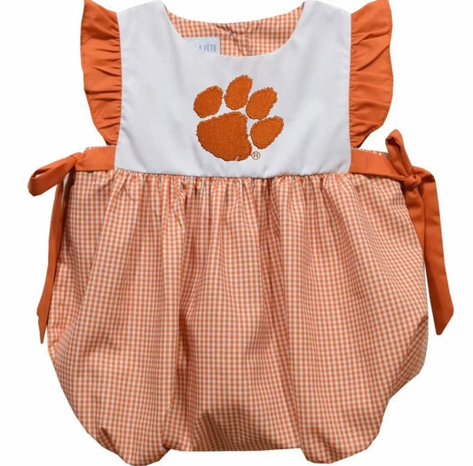 Clemson Tigers Embroidered Orange Gingham Girls Bubble - Abbies Place