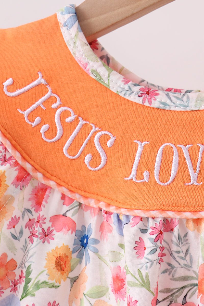 Coral Jesus Loves me Embroidered Floral Bloomer Set - Abbies Place