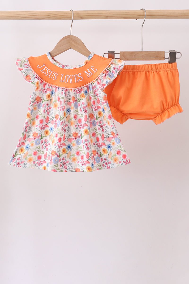 Coral Jesus Loves me Embroidered Floral Bloomer Set - Abbies Place