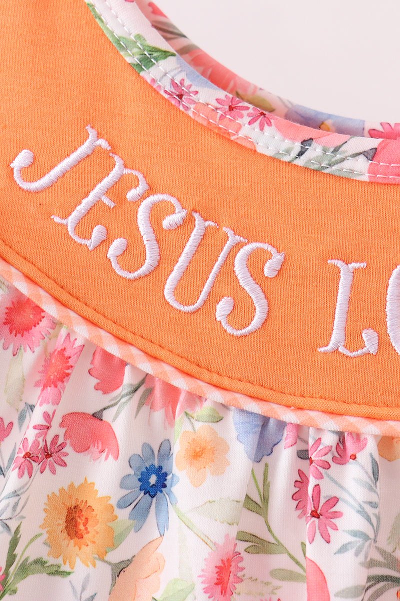 Coral Jesus Loves me Embroidered Floral Bubble - Abbies Place