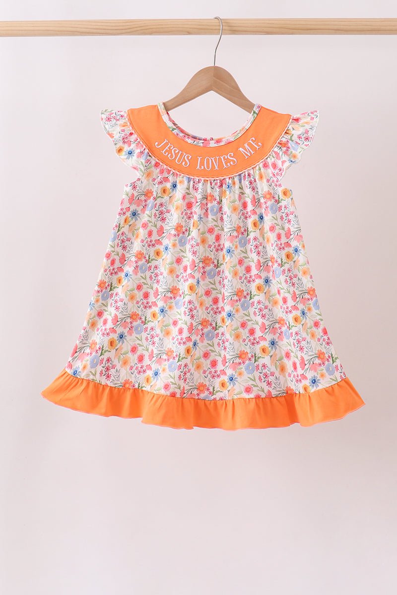 Coral Jesus Loves me Embroidered Floral Ruffle Dress - Abbies Place