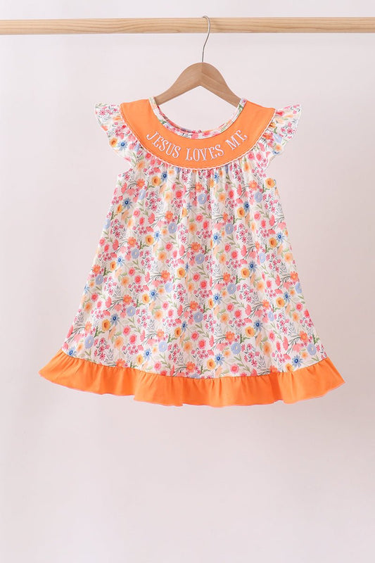 Coral Jesus Loves me Embroidered Floral Ruffle Dress - Abbies Place