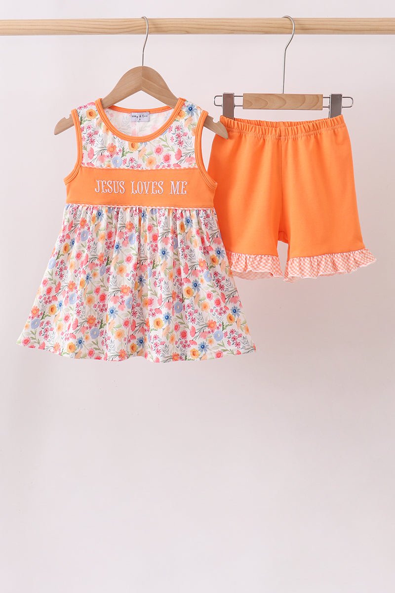 Coral Jesus Loves me Embroidered Floral Shorts Set - Abbies Place