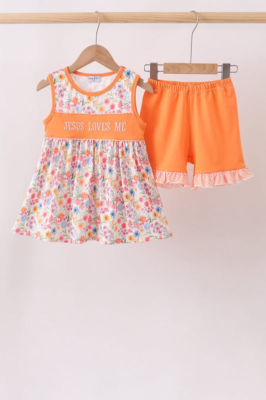 Coral Jesus Loves me Embroidered Floral Shorts Set - Abbies Place