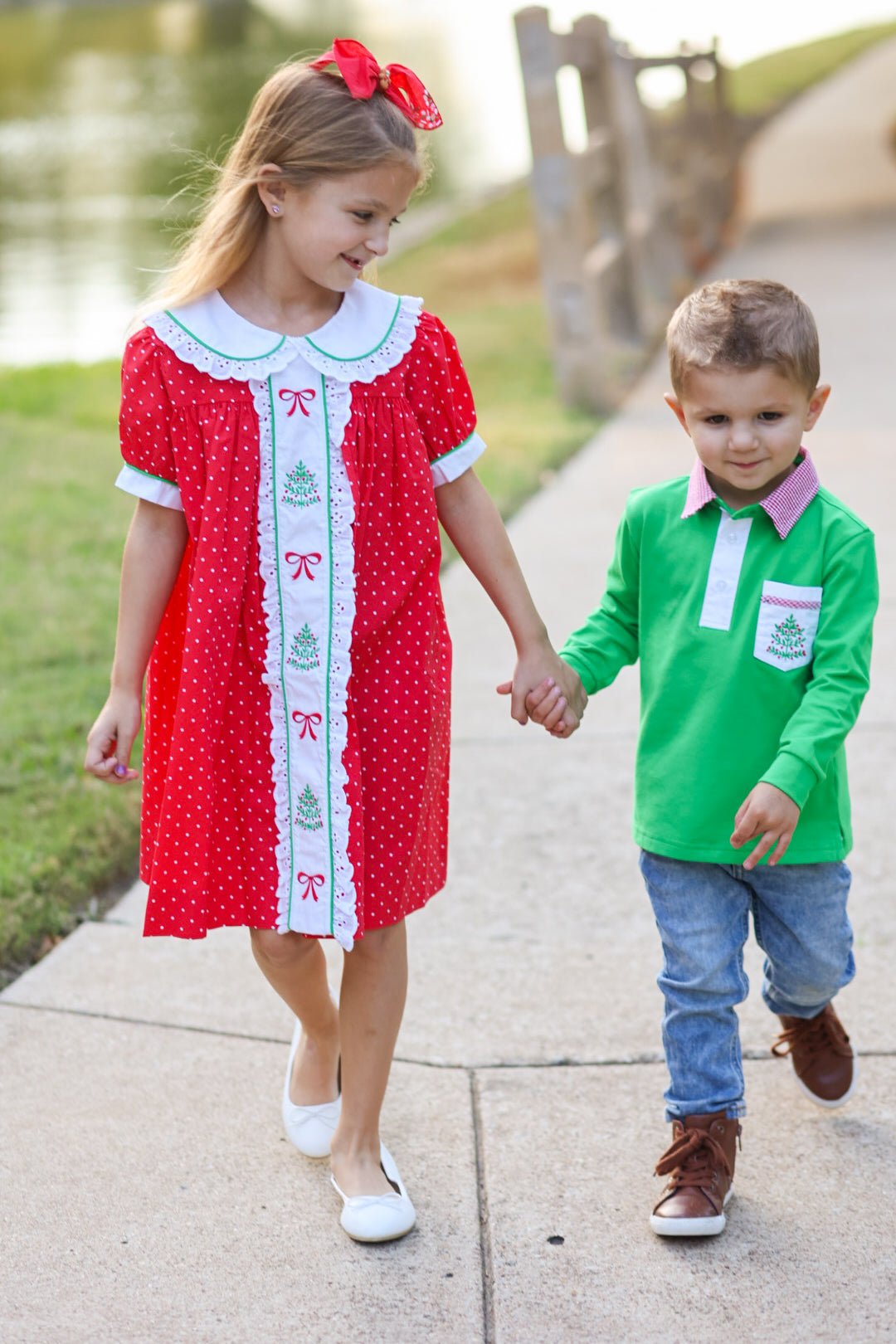 Deck the Halls Red Polka Dot A-Line Dress with Christmas Tree and Bows Embroidery - Abbies Place