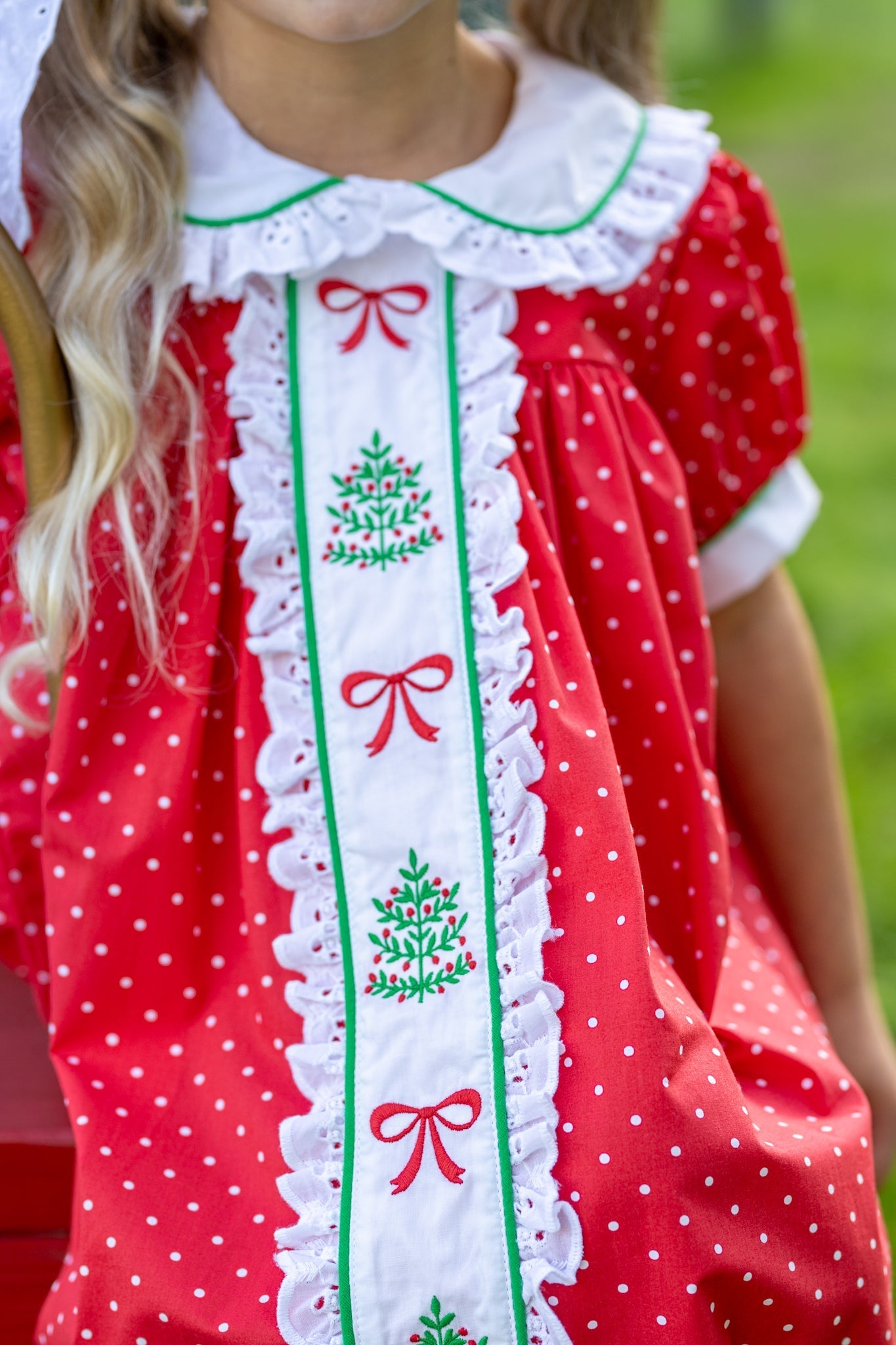 Deck the Halls Red Polka Dot A-Line Dress with Christmas Tree and Bows Embroidery - Abbies Place