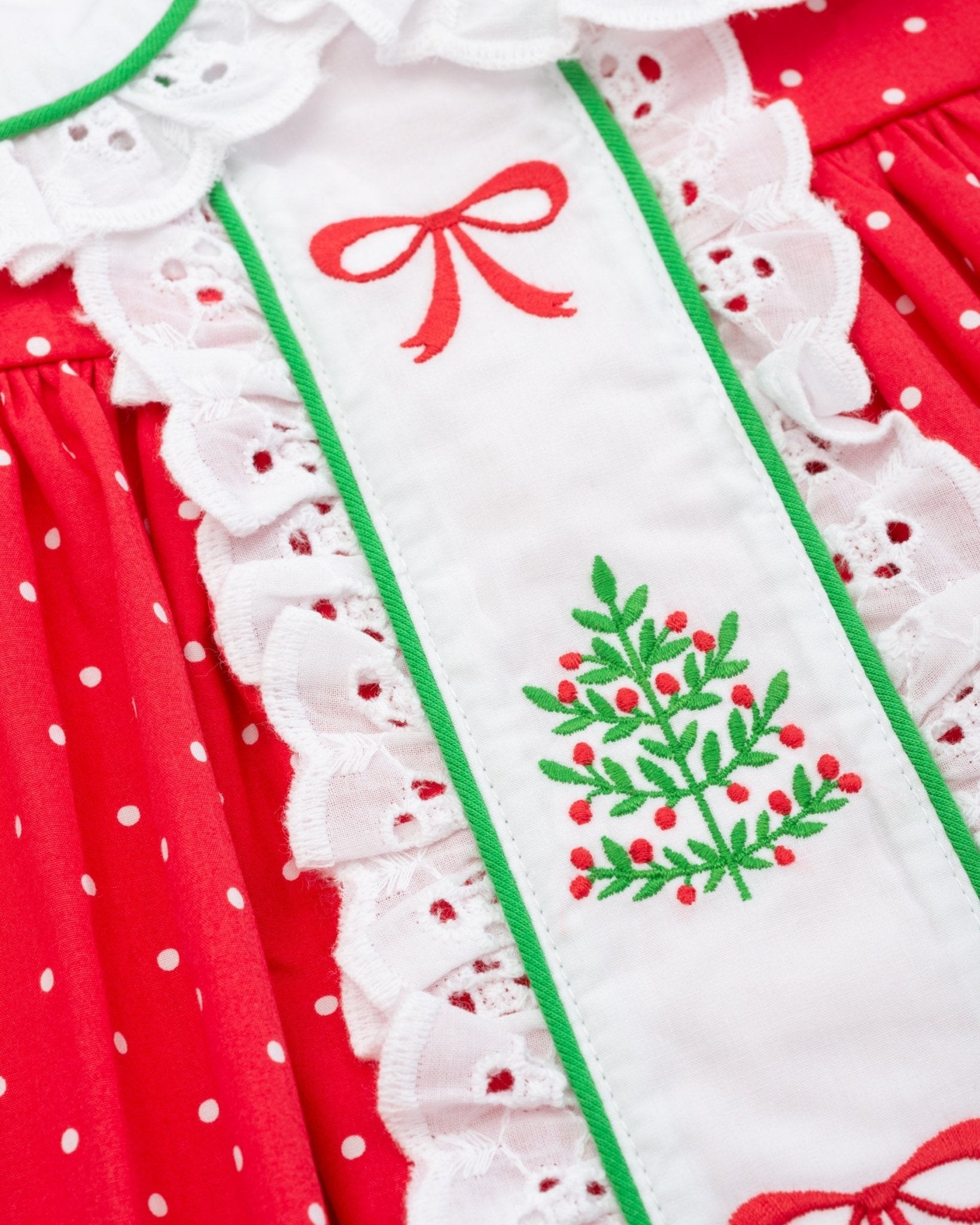 Deck the Halls Red Polka Dot A-Line Dress with Christmas Tree and Bows Embroidery - Abbies Place